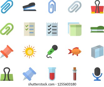 Color flat icon set fish flat vector, blood test, clip, sticker, to do list, stapler, pushpin, sun fector, binder, microphone