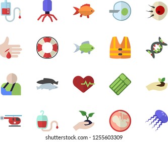 Color flat icon set fish flat vector, seedlings, blood transfusion, virus, injury, helicopter, embryo, artificial insemination, dna, heartbeat, life vest fector, lifebuoy, inflatable mattress