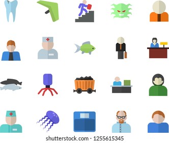 Color flat icon set fish flat vector, mining, person, physician, virus, caries, office worker, businessman, career ladder, scientist, weighing machine, hang glider fector, reception desk, jellyfish