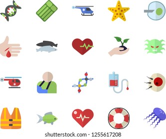 Color flat icon set fish flat vector, seedlings, blood transfusion, virus, injury, helicopter, artificial insemination, dna, heartbeat, starfish fector, life vest, lifebuoy, inflatable mattress