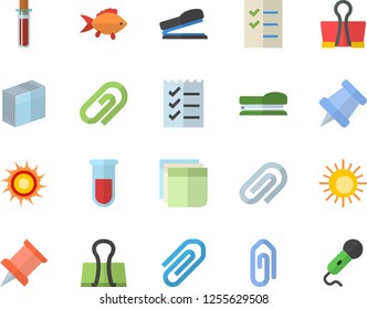 Color flat icon set fish flat vector, blood test, clip, sticker, to do list, stapler, pushpin, sun fector, binder, microphone