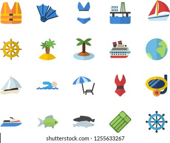 Color flat icon set fish flat vector, oil production platform, sailboat, swimsuit, swimming, earth fector, chaise lounge, island, mask, flippers, life vest, water scooter, cruise ship