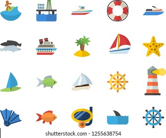 Color flat icon set fish flat vector, oil production platform, lighthouse, sailboat, fector, island, surfing, swimming mask, flippers, starfish, steering wheel, water scooter, lifebuoy, cruise ship