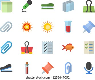 Color flat icon set fish flat vector, blood test, clip, sticker, to do list, stapler, pushpin, sun fector, binder, microphone
