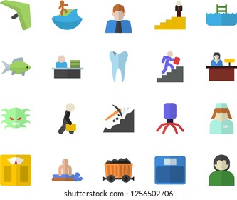 Color flat icon set fish flat vector, mining, person, virus, massage, nurse, caries, office worker, businessman, career ladder, weighing machine, hang glider fector, surfing, pool, reception desk