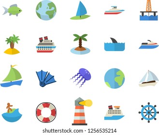 Color flat icon set fish flat vector, oil production platform, lighthouse, sailboat, earth fector, island, surfing, flippers, water scooter, lifebuoy, cruise ship, shark, yacht, jellyfish