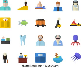 Color flat icon set fish flat vector, mining, person, physician, virus, massage, nurse, caries, office worker, businessman, career ladder, scientist, weighing machine, surfing fector, reception desk