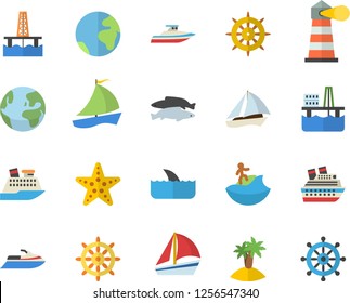 Color flat icon set fish flat vector, oil production platform, lighthouse, sailboat, earth fector, island, surfing, starfish, steering wheel, water scooter, cruise ship, shark, yacht