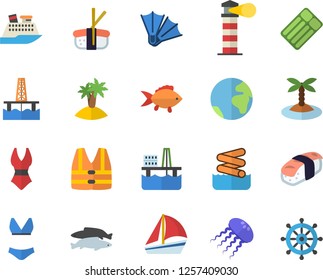 Color flat icon set fish flat vector, sashimi, oil production platform, lighthouse, sailboat, swimsuit, earth fector, island, flippers, aquapark, life vest, cruise ship, inflatable mattress