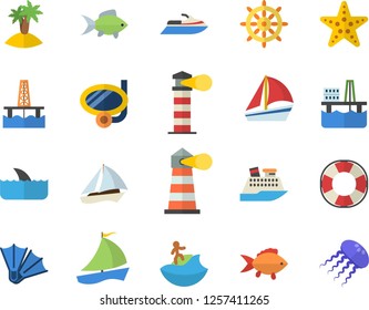 Color flat icon set fish flat vector, oil production platform, lighthouse, sailboat, fector, island, surfing, swimming mask, flippers, starfish, steering wheel, water scooter, lifebuoy, cruise ship