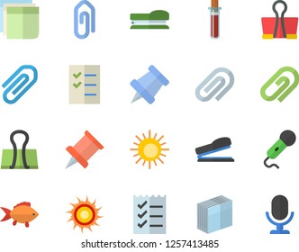 Color flat icon set fish flat vector, blood test, clip, sticker, to do list, stapler, pushpin, sun fector, binder, microphone