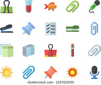 Color flat icon set fish flat vector, blood test, clip, sticker, to do list, stapler, pushpin, sun fector, binder, microphone