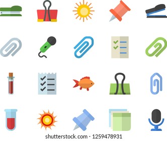 Color flat icon set fish flat vector, blood test, clip, sticker, to do list, stapler, pushpin, sun fector, binder, microphone