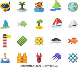 Color flat icon set fish flat vector, oil production platform, lighthouse, sailboat, swimsuit, earth fector, island, swimming mask, aquapark, life vest, inflatable mattress, jellyfish, windsurfing