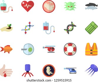 Color flat icon set fish flat vector, seedlings, blood transfusion, virus, injury, helicopter, embryo, artificial insemination, dna, heartbeat, life vest fector, lifebuoy, inflatable mattress