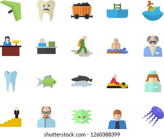 Color flat icon set fish flat vector, mining, person, virus, massage, nurse, caries, office worker, career ladder, scientist, hike fector, hang glider, surfing, pool, reception desk, jellyfish