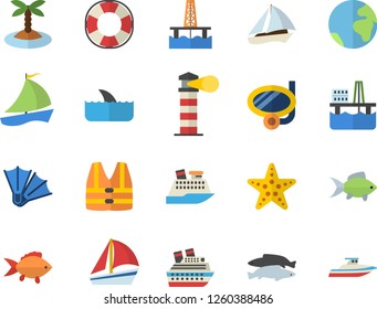 Color flat icon set fish flat vector, oil production platform, lighthouse, sailboat, earth fector, island, swimming mask, flippers, starfish, life vest, lifebuoy, cruise ship, shark, yacht