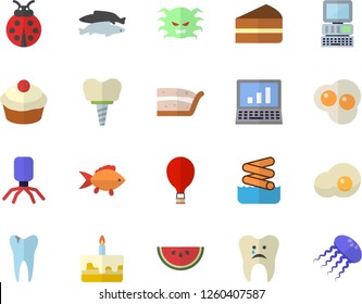 Color flat icon set fish flat vector, watermelon, cupcake, piece of cake, scrambled eggs, ladybird, virus, caries, implant, computer, balloon fector, aquapark, jellyfish