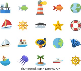 Color flat icon set fish flat vector, oil production platform, lighthouse, sailboat, earth fector, island, surfing, swimming mask, flippers, starfish, steering wheel, lifebuoy, cruise ship, yacht