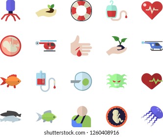 Color flat icon set fish flat vector, seedlings, blood transfusion, virus, injury, helicopter, embryo, artificial insemination, heartbeat, lifebuoy fector, jellyfish