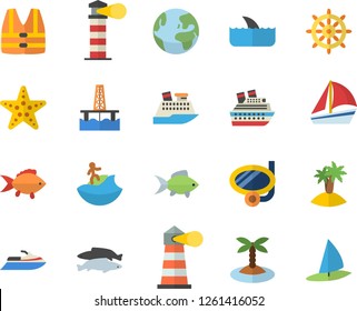 Color flat icon set fish flat vector, oil production platform, lighthouse, sailboat, earth fector, island, surfing, swimming mask, starfish, steering wheel, life vest, water scooter, cruise ship