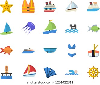 Color flat icon set fish flat vector, sashimi, oil production platform, sailboat, swimsuit, swimming, pool, fector, sea beach, flippers, starfish, life vest, water scooter, cruise ship, jellyfish