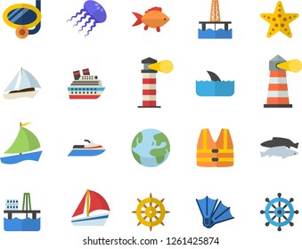 Color flat icon set fish flat vector, oil production platform, lighthouse, sailboat, earth fector, swimming mask, flippers, starfish, life vest, water scooter, cruise ship, shark, jellyfish