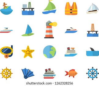 Color flat icon set fish flat vector, oil production platform, lighthouse, sailboat, earth fector, surfing, swimming mask, flippers, starfish, life vest, water scooter, cruise ship, shark, yacht