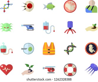 Color flat icon set fish flat vector, seedlings, blood transfusion, virus, injury, helicopter, embryo, artificial insemination, dna, heartbeat, life vest fector, lifebuoy, jellyfish