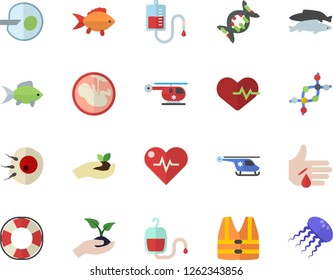 Color flat icon set fish flat vector, seedlings, blood transfusion, injury, helicopter, embryo, artificial insemination, dna, heartbeat, life vest fector, lifebuoy, jellyfish
