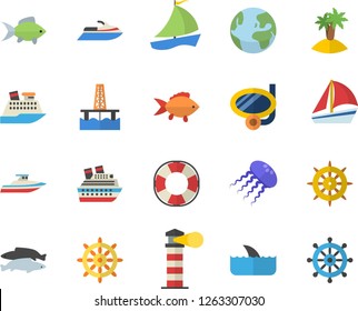 Color flat icon set fish flat vector, oil production platform, lighthouse, sailboat, earth fector, island, swimming mask, steering wheel, water scooter, lifebuoy, cruise ship, shark, yacht