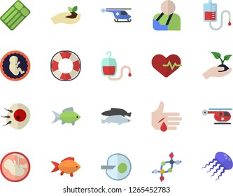 Color flat icon set fish flat vector, seedlings, blood transfusion, injury, helicopter, embryo, artificial insemination, dna, heartbeat, lifebuoy fector, inflatable mattress, jellyfish