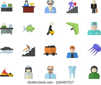 Color flat icon set fish flat vector, mining, person, physician, massage, nurse, caries, office worker, businessman, career ladder, scientist, hang glider fector, reception desk, jellyfish, user