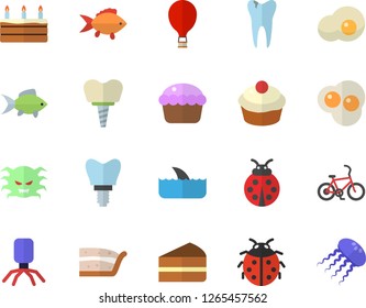 Color flat icon set fish flat vector, cupcake, piece of cake, scrambled eggs, ladybird, virus, caries, implant, bicycle fector, balloon, shark, jellyfish