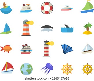 Color flat icon set fish flat vector, lighthouse, sailboat, earth fector, island, surfing, flippers, steering wheel, lifebuoy, cruise ship, shark, yacht, jellyfish, windsurfing