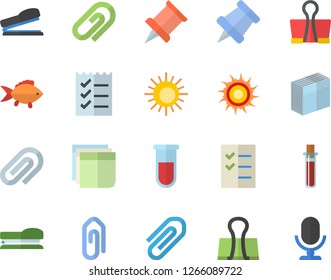 Color flat icon set fish flat vector, blood test, clip, sticker, to do list, stapler, pushpin, sun fector, binder, microphone