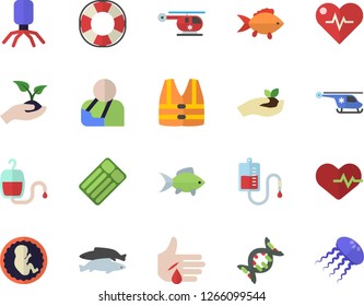 Color flat icon set fish flat vector, seedlings, blood transfusion, virus, injury, helicopter, embryo, dna, heartbeat, life vest fector, lifebuoy, inflatable mattress, jellyfish