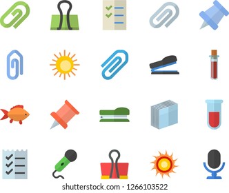 Color flat icon set fish flat vector, blood test, clip, sticker, to do list, stapler, pushpin, sun fector, binder, microphone
