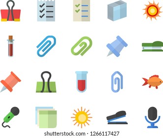 Color flat icon set fish flat vector, blood test, clip, sticker, to do list, stapler, pushpin, sun fector, binder, microphone