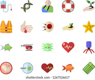 Color Flat Icon Set Fish Flat Vector, Seedlings, Blood Transfusion, Virus, Injury, Helicopter, Embryo, Artificial Insemination, Dna, Heartbeat, Starfish Fector, Life Vest, Lifebuoy