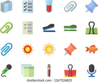 Color flat icon set fish flat vector, blood test, clip, sticker, to do list, stapler, pushpin, sun fector, binder, microphone
