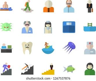 Color flat icon set fish flat vector, mining, person, physician, virus, massage, nurse, caries, office worker, businessman, career ladder, scientist, weighing machine, hike fector, surfing, pool