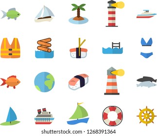 Color flat icon set fish flat vector, sashimi, lighthouse, sailboat, swimsuit, pool, earth fector, island, aquapark, life vest, lifebuoy, cruise ship, yacht, windsurfing, steering wheel