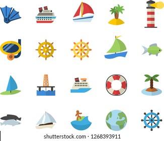 Color flat icon set fish flat vector, oil production platform, lighthouse, sailboat, earth fector, island, surfing, swimming mask, flippers, steering wheel, lifebuoy, cruise ship, windsurfing