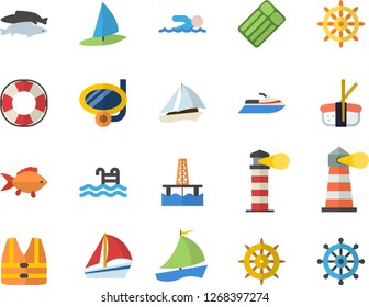 Color flat icon set fish flat vector, sashimi, oil production platform, lighthouse, sailboat, swimming, pool, fector, mask, steering wheel, life vest, water scooter, lifebuoy, inflatable mattress