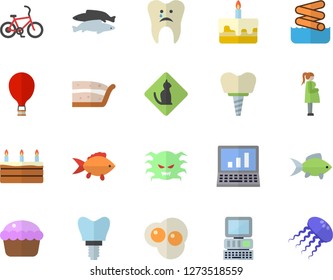 Color flat icon set fish flat vector, cupcake, piece of cake, scrambled eggs, virus, gestation, caries, implant, computer, bicycle fector, balloon, aquapark, pets allowed, jellyfish