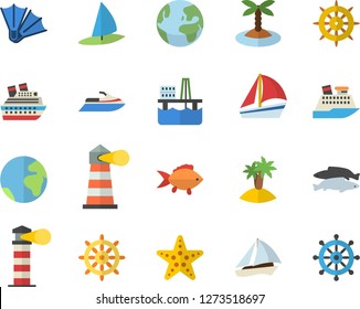 Color flat icon set fish flat vector, oil production platform, lighthouse, sailboat, earth fector, island, flippers, starfish, steering wheel, water scooter, cruise ship, windsurfing