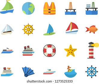 Color flat icon set fish flat vector, oil production platform, lighthouse, sailboat, earth fector, surfing, flippers, starfish, life vest, water scooter, lifebuoy, cruise ship, yacht, windsurfing