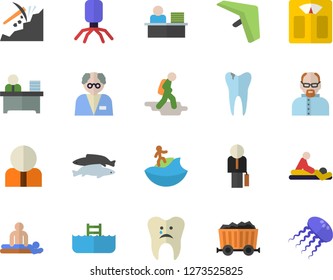 Color flat icon set fish flat vector, mining, person, virus, massage, caries, office worker, businessman, scientist, weighing machine, hike fector, hang glider, surfing, pool, jellyfish
