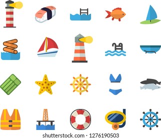 Color flat icon set fish flat vector, sashimi, oil production platform, lighthouse, sailboat, swimsuit, pool, sea beach fector, swimming mask, starfish, aquapark, steering wheel, life vest, lifebuoy